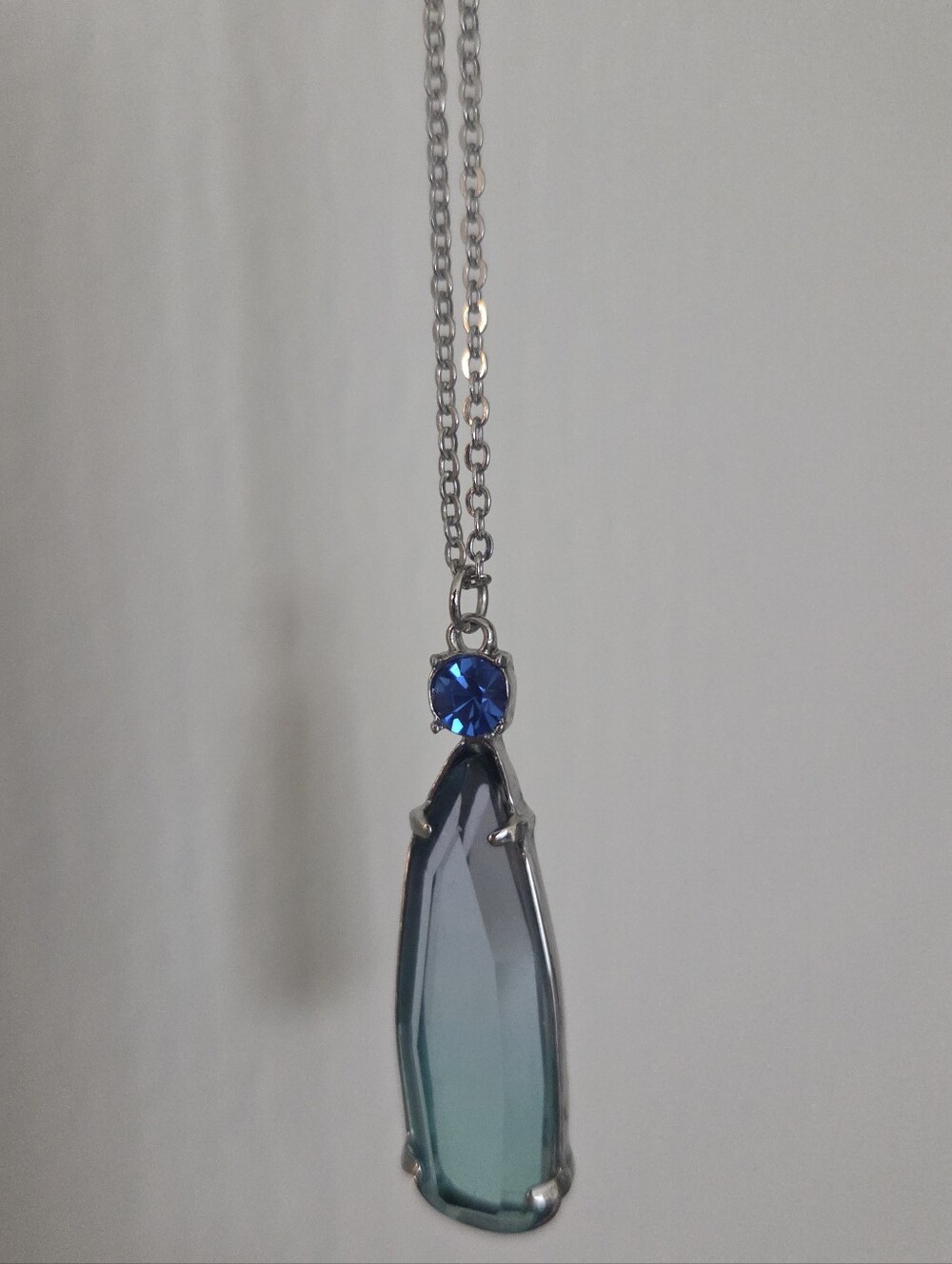 Old Navy Blue Faux Crystal Teardrop Pendant Necklace - Silver Tone